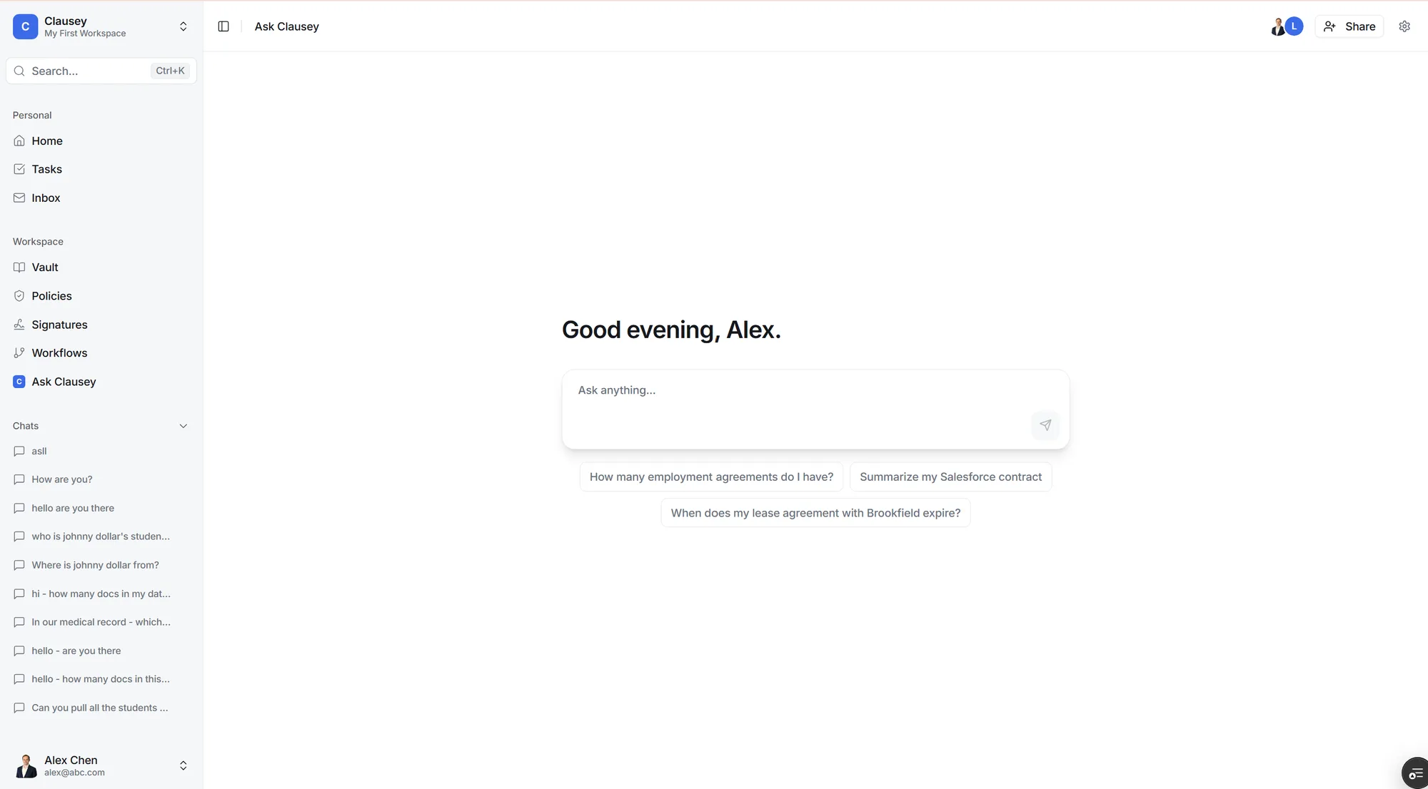 The Ask Clausey chat ready to answer questions across your documents
