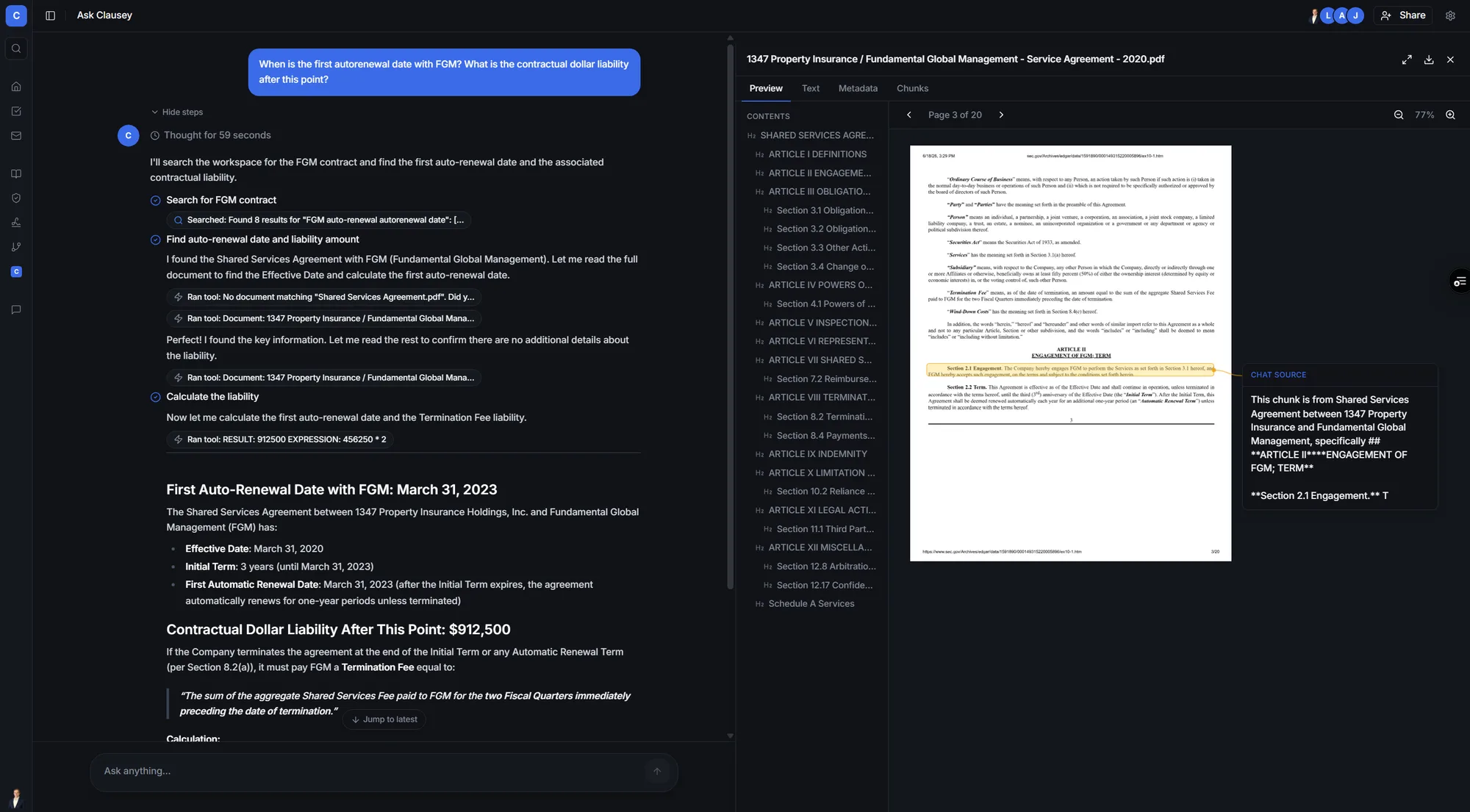 Ask Clausey returning a cited answer with the source contract highlighted