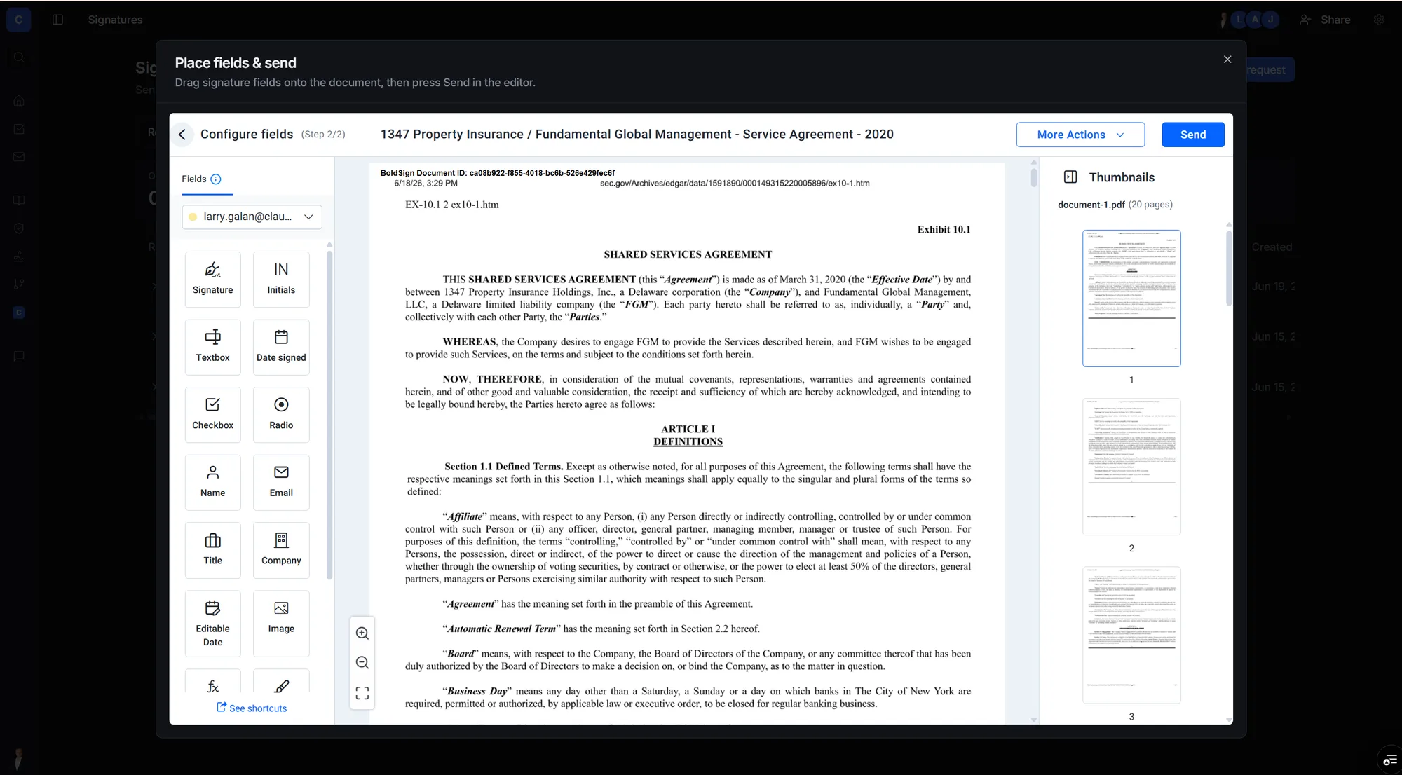 Placing signature fields on a contract in Clausey before sending