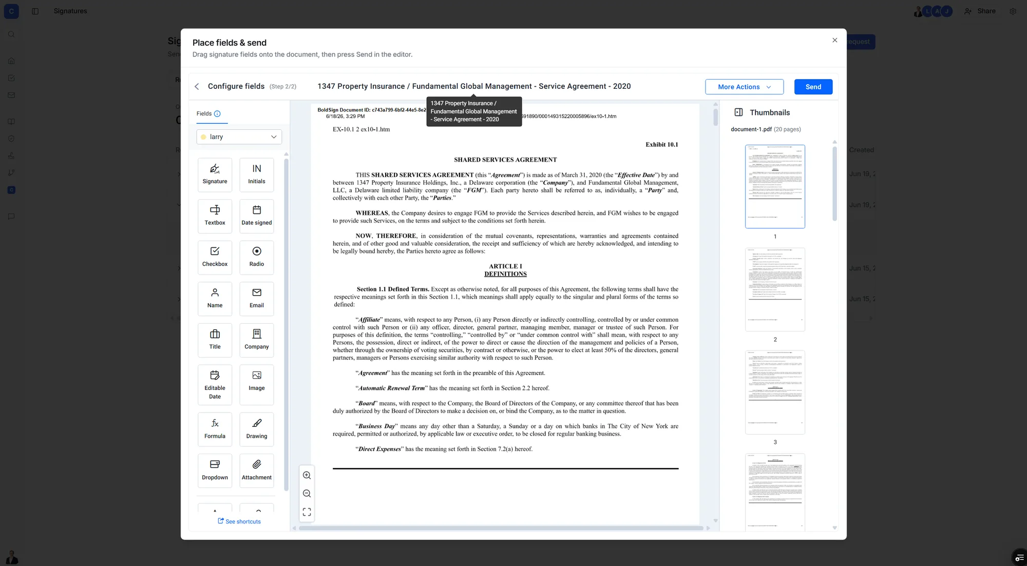 Placing signature fields on a contract in Clausey before sending