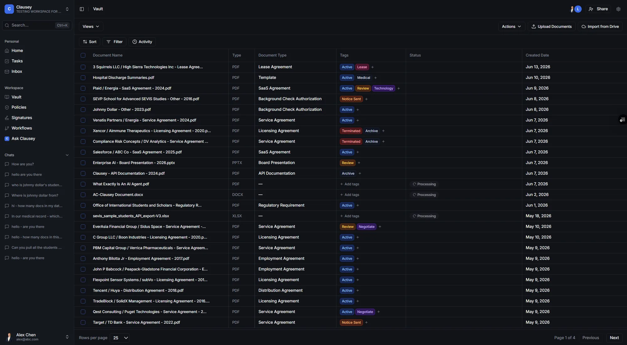 The Clausey Vault showing structured documents in a sortable table