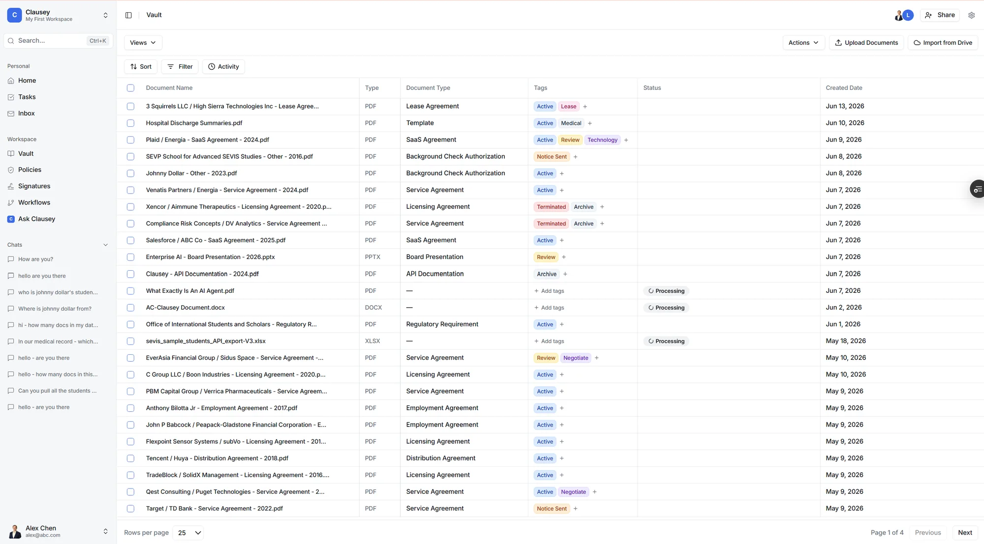 The Clausey Vault showing structured documents in a sortable table