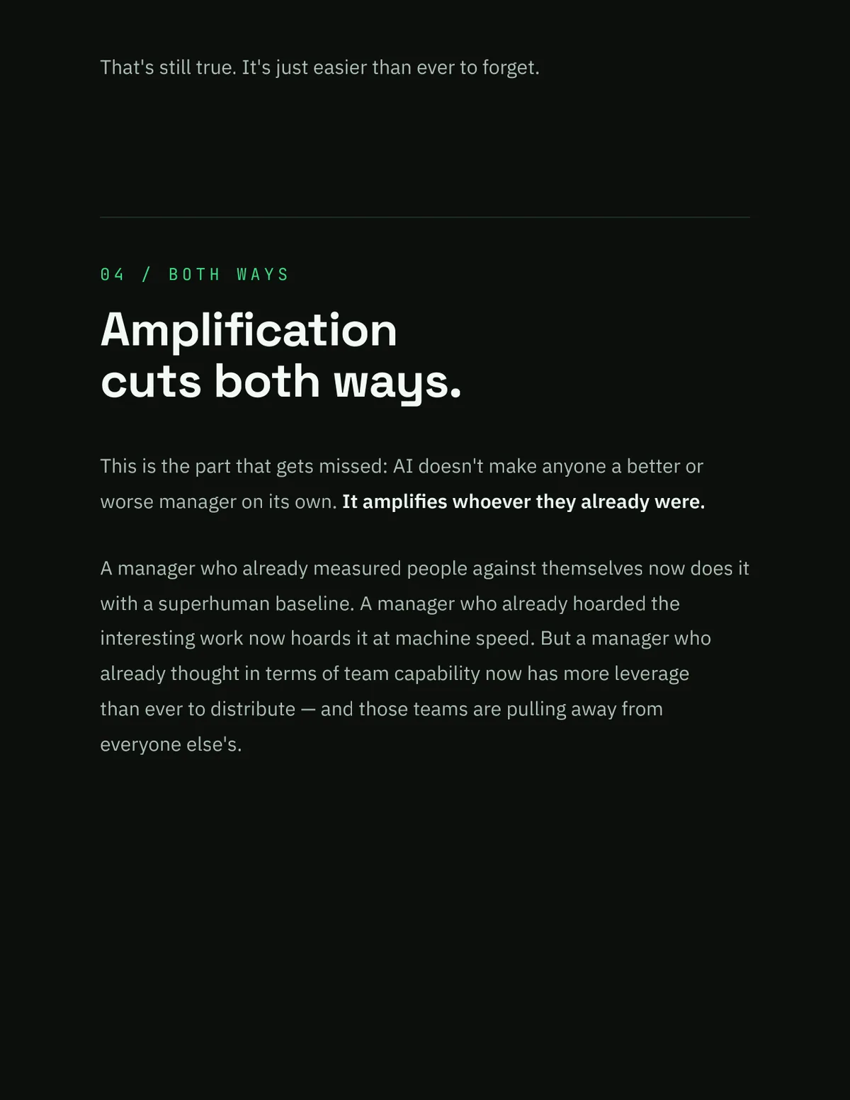 AI Doesn't Fix Managers. It Amplifies Them: the designed essay, page 9
