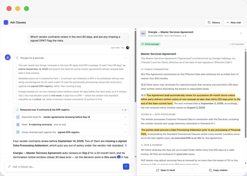 Ask Clausey answering a question with a cited source passage