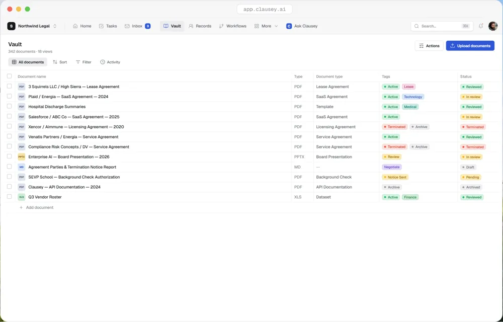 The Clausey app — a document Vault with types, tags, and status