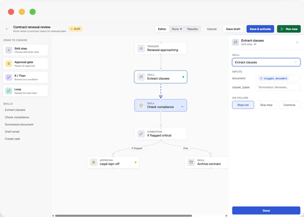 The Clausey workflow builder — a visual contract-renewal automation